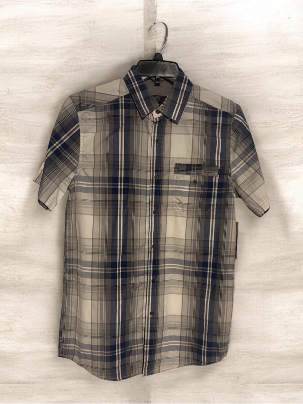 Men's Short-Sleeve Plaid Shirt - Blue & Gray